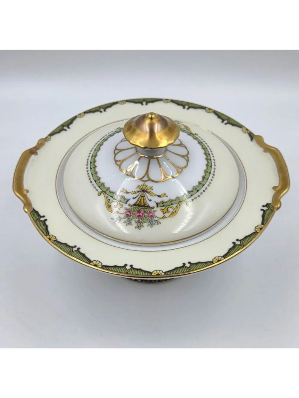 Noritake Penelope Sugar Bowl and Lid Green Border Pink Roses Urn Gold Trim